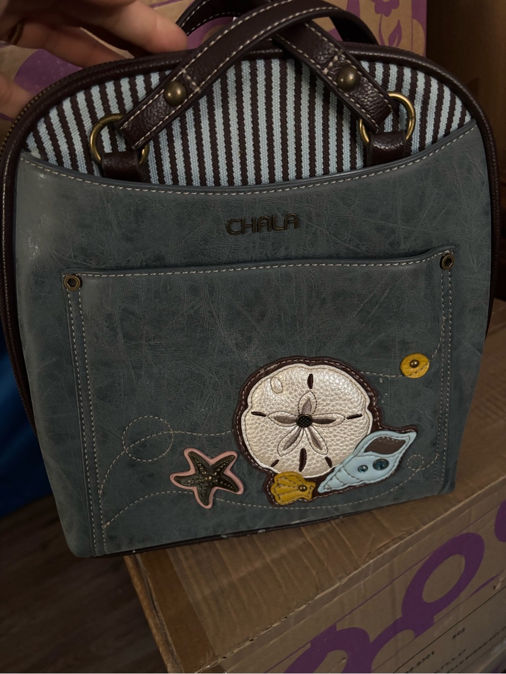 Chala Teal Applique Backpack with Brown Trim